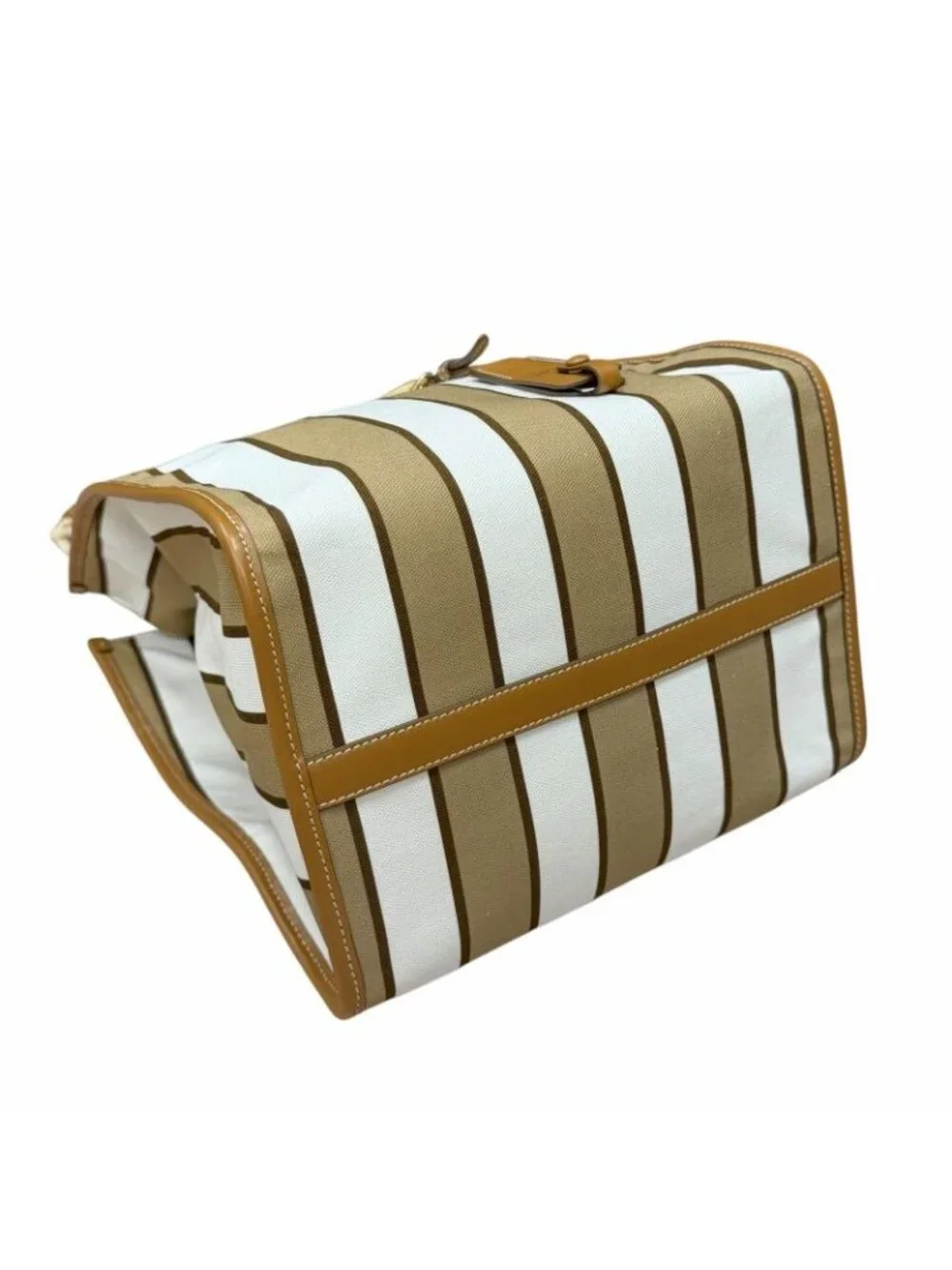 Prada Triangle Logo Stripe Leather Canvas Tote Brown White - Picture 4 of 14
